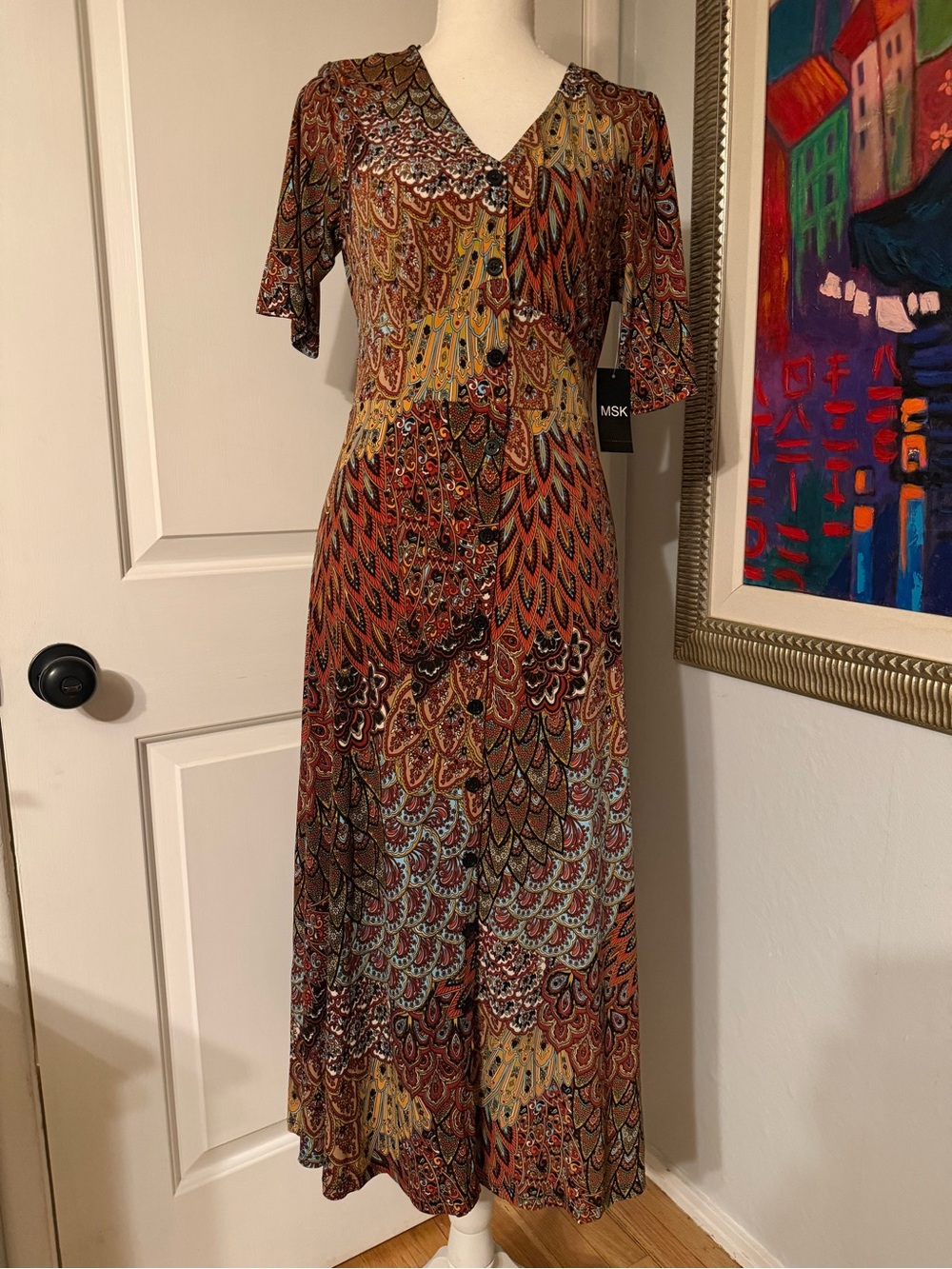 45~ New MSK Paisley V-Neck Maxi Dress in Rust, Mustard & Teal Medium